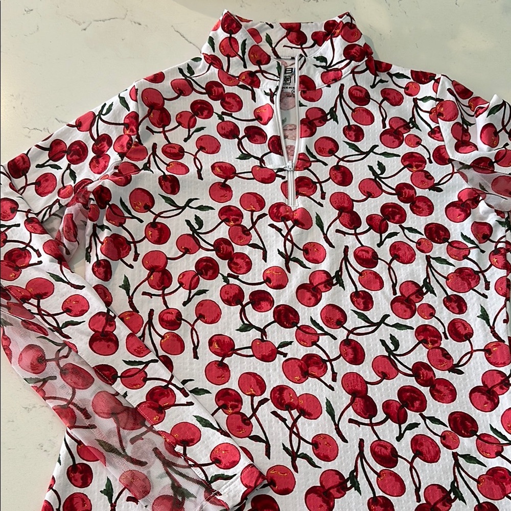 NWOT IBKULL Cherry Print QUARTER ZIP Top SHIRT GOLF TENNIS UPF 50 XS cherries